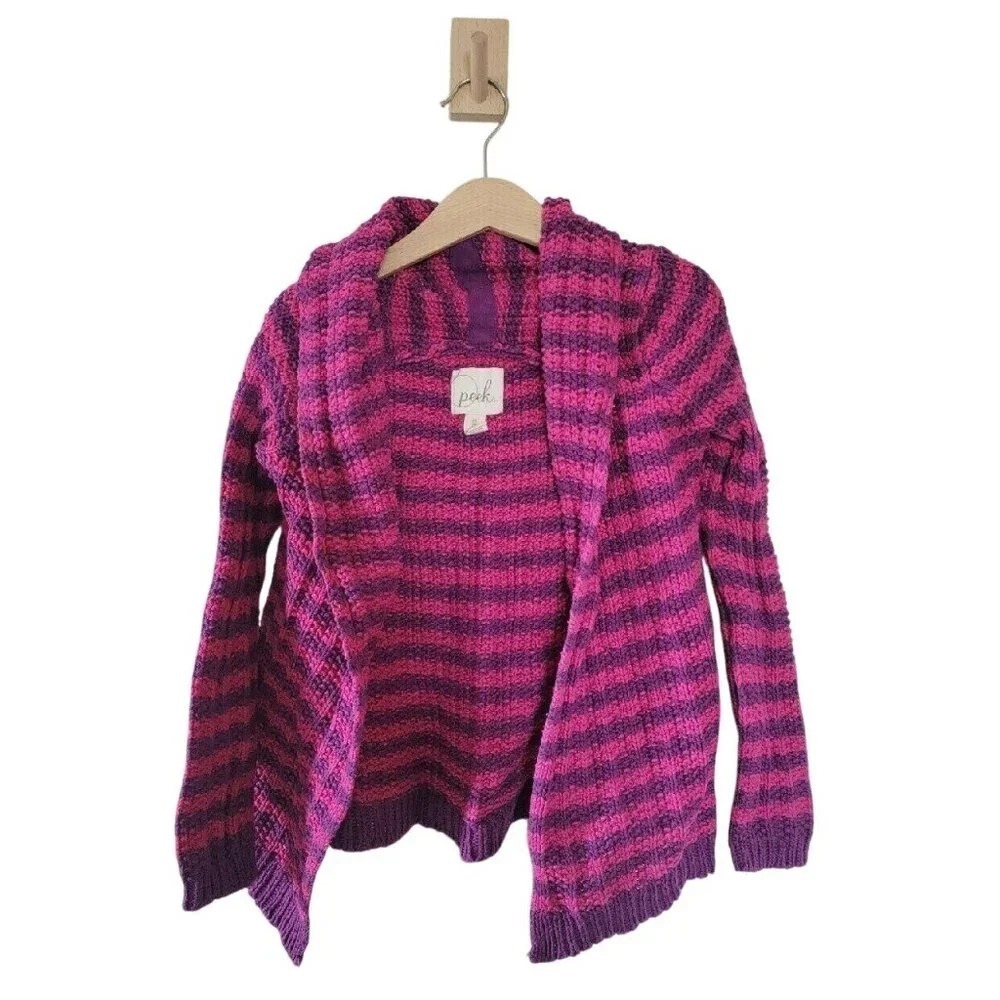 Peek Cardigan Girls Medium 6/7 Pink Purple Good Striped Knit Open Front Shawl